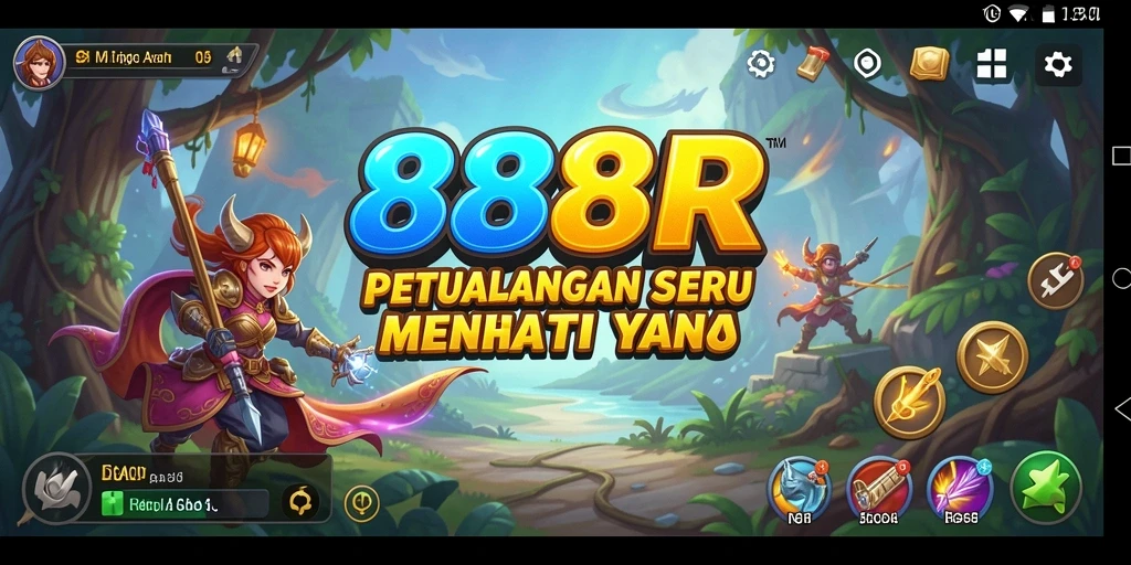 Screenshot utama 888R menunjukkan karakter utama menjelajahi hutan yang lebat.