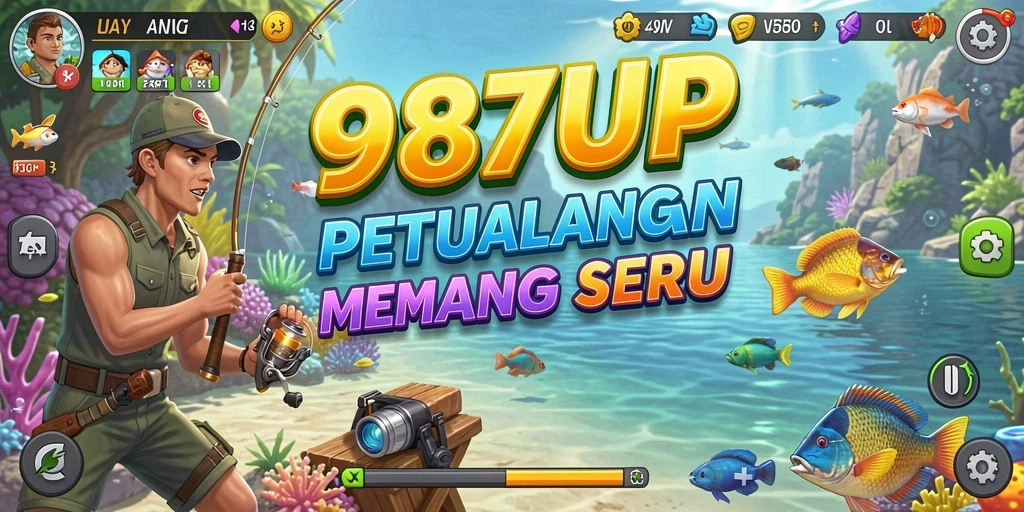 Screenshot menunjukkan pemain fokus memancing di danau indah.