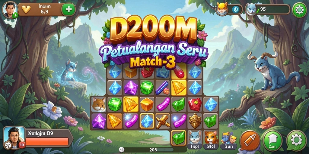 Screenshot utama D200M menampilkan gameplay seru dari pencocokan buah-buahan.