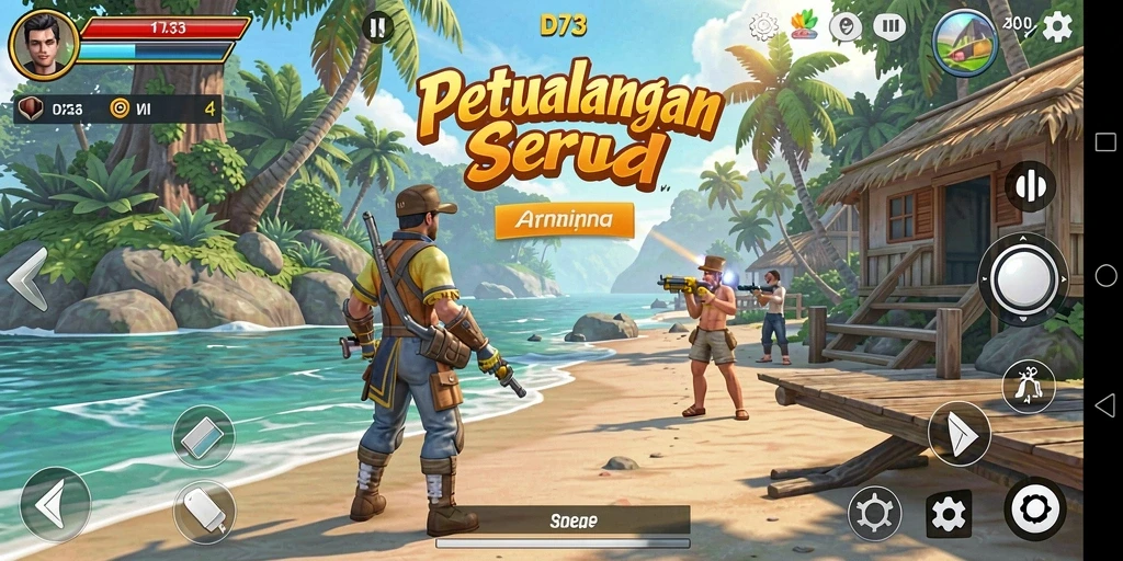Screenshot D73 menampilkan karakter melompat melewati rintangan warna-warni.