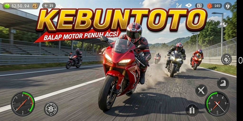 Screenshot utama KEBUNTOTO menampilkan aksi balapan motor yang intens.
