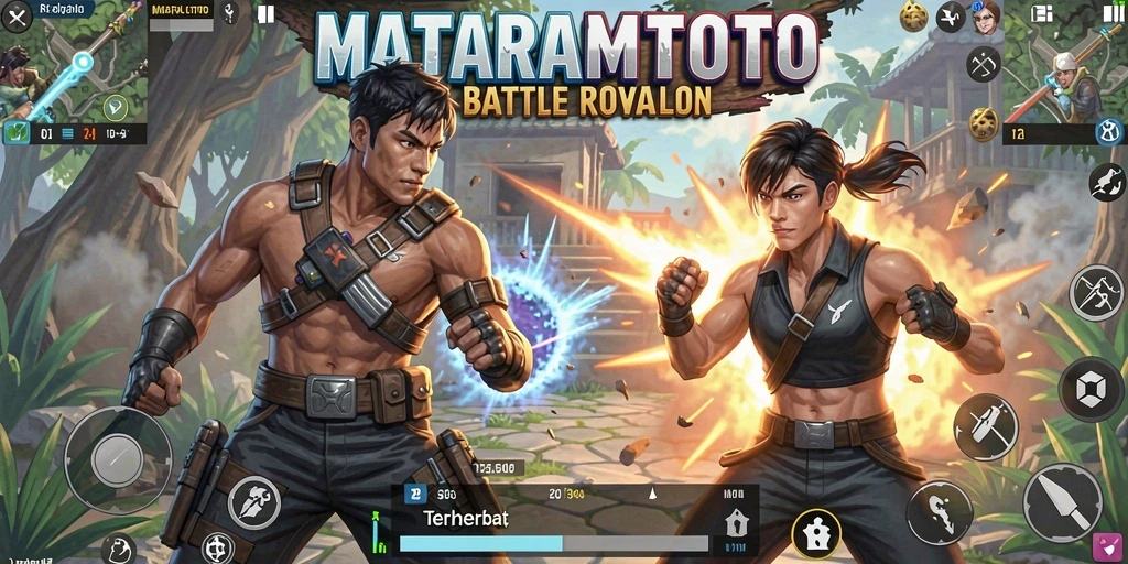 Gambar menampilkan aksi intens dalam arena pertarungan Battle Royale.